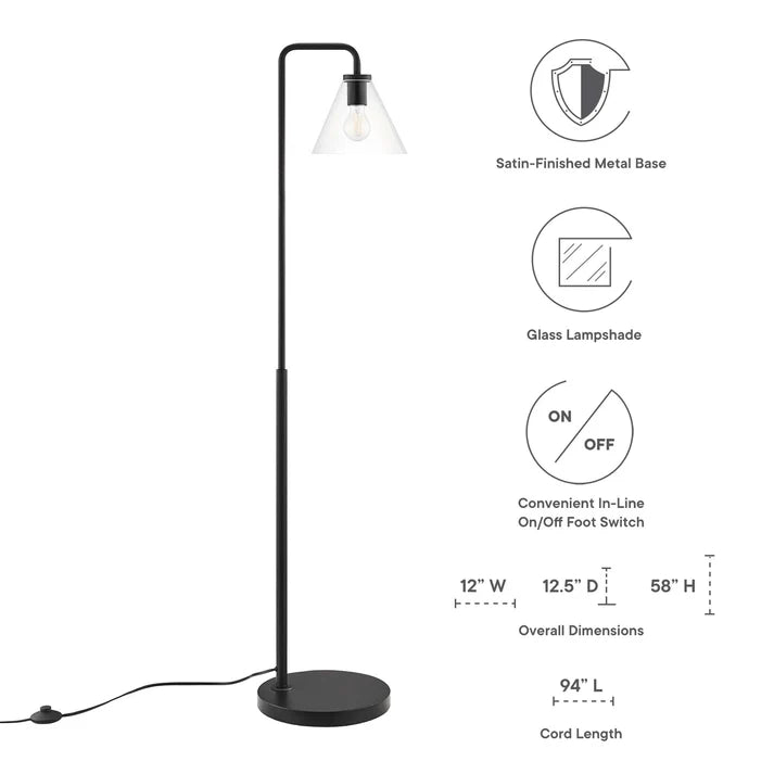 Floor Lamp – 58" Tall – Glass and Metal Standing Lamp with Transparent Cone Shade – Dimmable E26 Base – Mid-Century Modern Style – Black, Satin Brass, or Satin Nickel