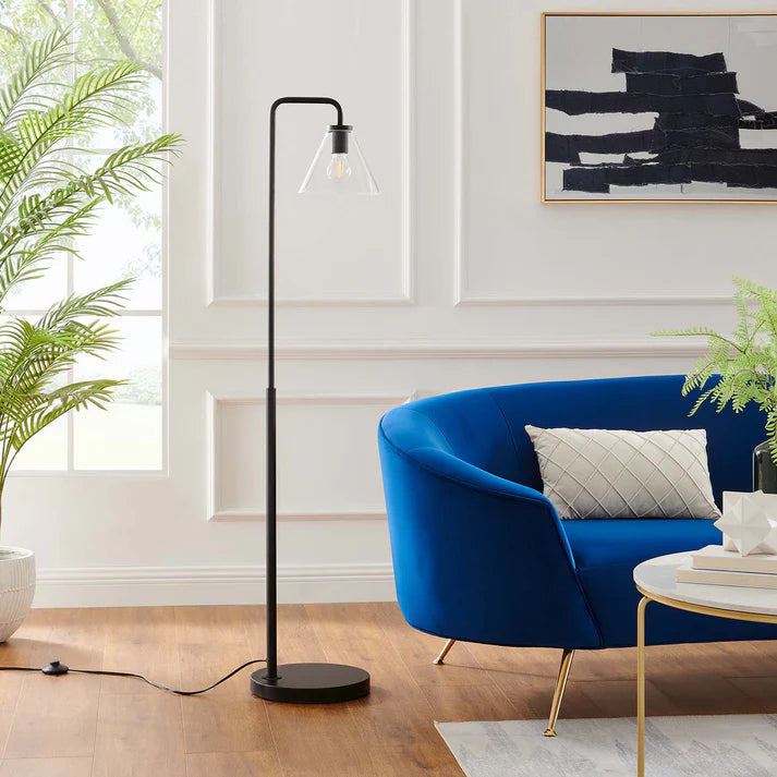 Floor Lamp – 58" Tall – Glass and Metal Standing Lamp with Transparent Cone Shade – Dimmable E26 Base – Mid-Century Modern Style – Black, Satin Brass, or Satin Nickel