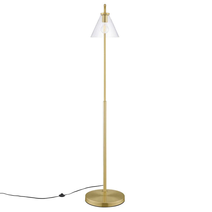 Floor Lamp – 58" Tall – Glass and Metal Standing Lamp with Transparent Cone Shade – Dimmable E26 Base – Mid-Century Modern Style – Black, Satin Brass, or Satin Nickel