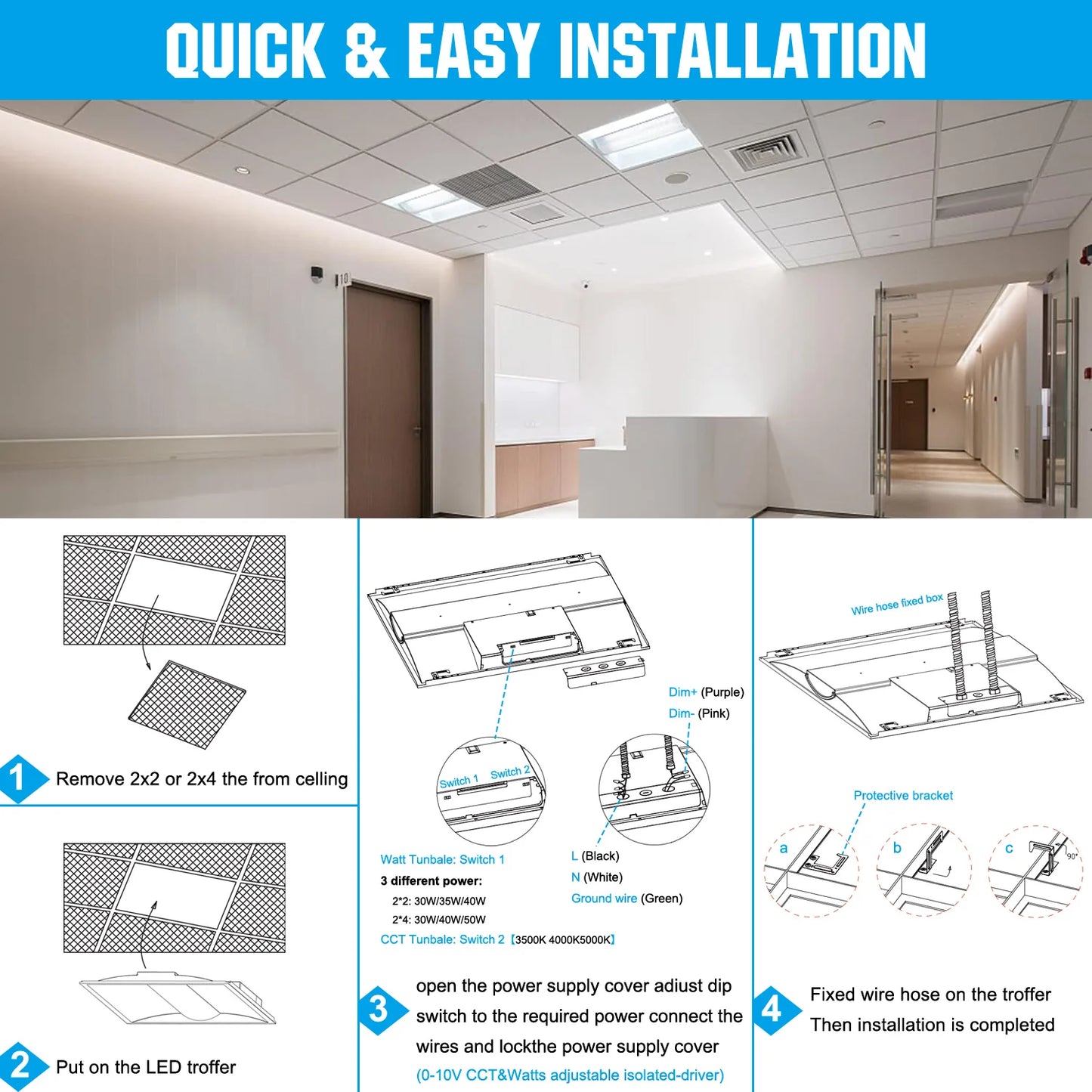 4-Pack LED Troffer Lights – ETL DLC Certified – Office & Commercial Ceiling Panel Light Fixture