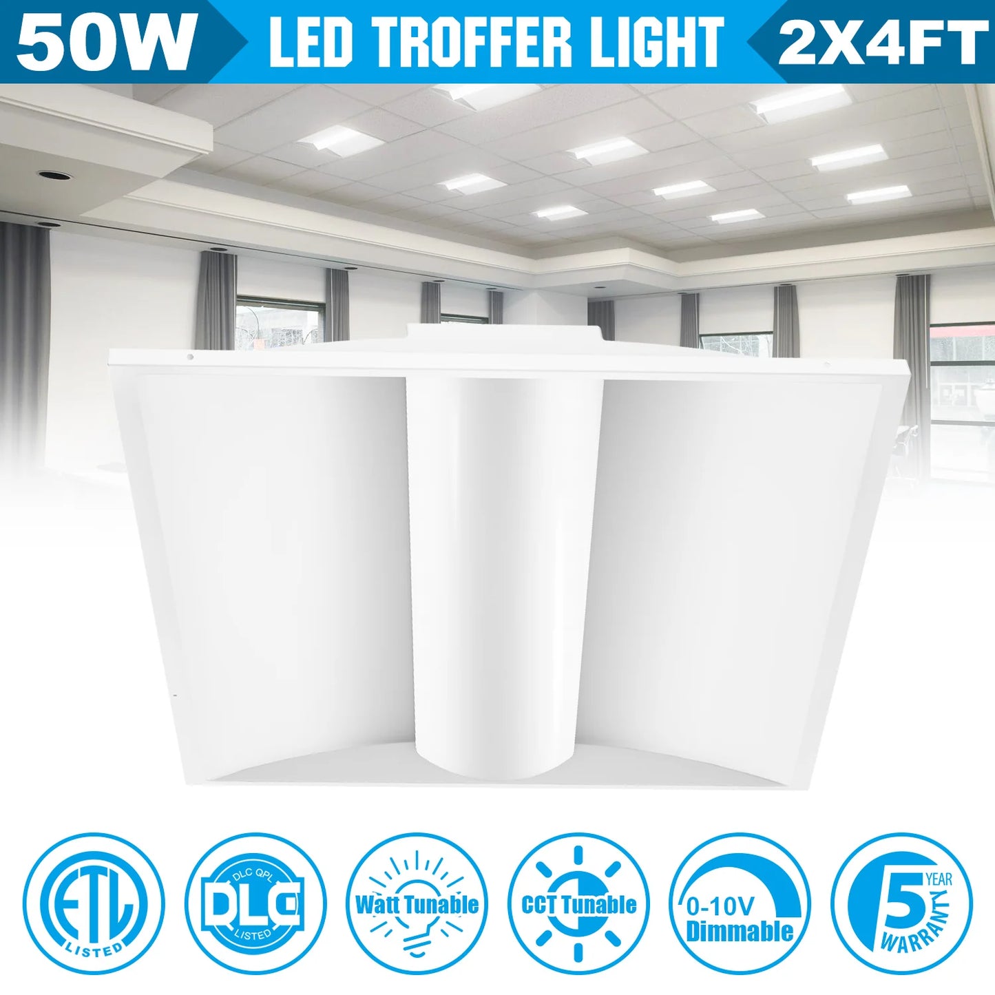 4-Pack LED Troffer Lights – ETL DLC Certified – Office & Commercial Ceiling Panel Light Fixture