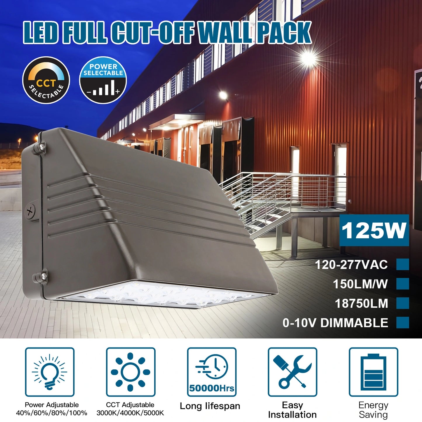 SHL 125W LED Full Cutoff Wall Pack Light With Photocell 120-277V 4Power 3CCT Tunable 18000LM IP65 Wallpack Glass Cover