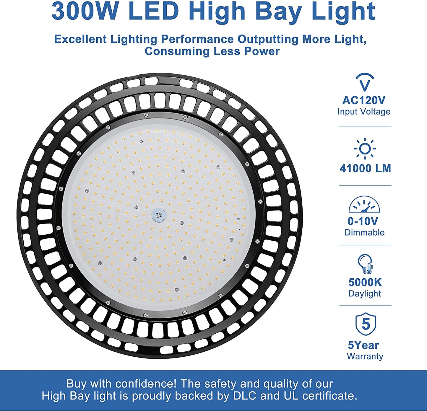 SHL  300W LED High Bay Light 48000LM (1500W HID/HPS Equiv)5000K Dimmable IP65 Commercial Warehouse Lighting Fixture