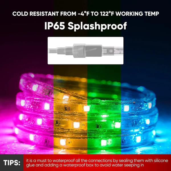 110V RGB LED Strip Light – 16FT – Soft Ambient Lighting – Low Luminance – Dimmable, Connectable, IP65 Waterproof – ETL Certified – Remote Control Included