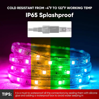 110V RGB LED Strip Light – 16FT – Soft Ambient Lighting – Low Luminance – Dimmable, Connectable, IP65 Waterproof – ETL Certified – Remote Control Included