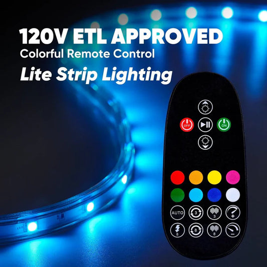 110V RGB LED Strip Light – 16FT – Soft Ambient Lighting – Low Luminance – Dimmable, Connectable, IP65 Waterproof – ETL Certified – Remote Control Included