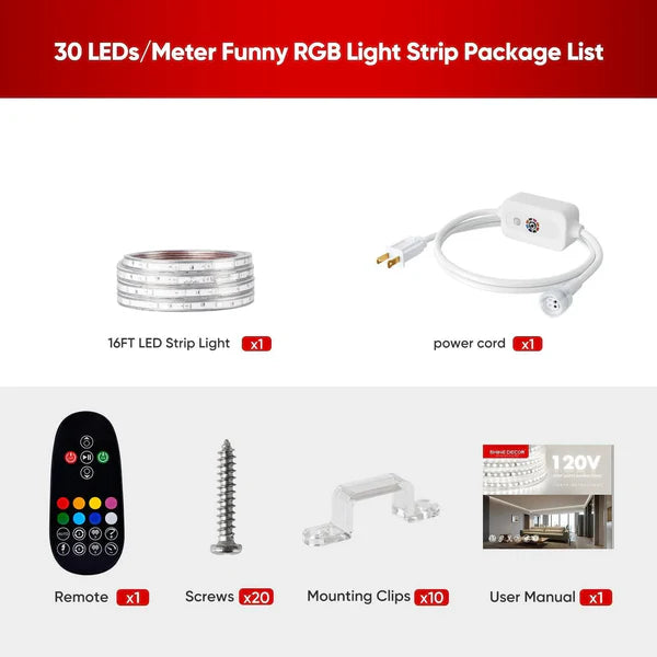 110V RGB LED Strip Light – 16FT – Soft Ambient Lighting – Low Luminance – Dimmable, Connectable, IP65 Waterproof – ETL Certified – Remote Control Included