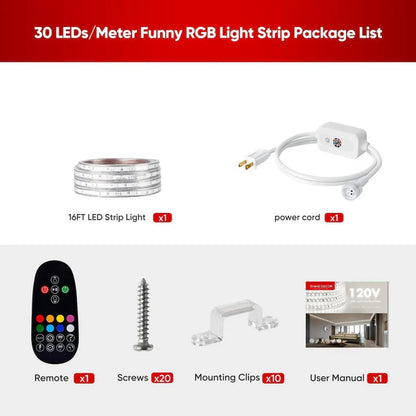 110V RGB LED Strip Light – 16FT – Soft Ambient Lighting – Low Luminance – Dimmable, Connectable, IP65 Waterproof – ETL Certified – Remote Control Included