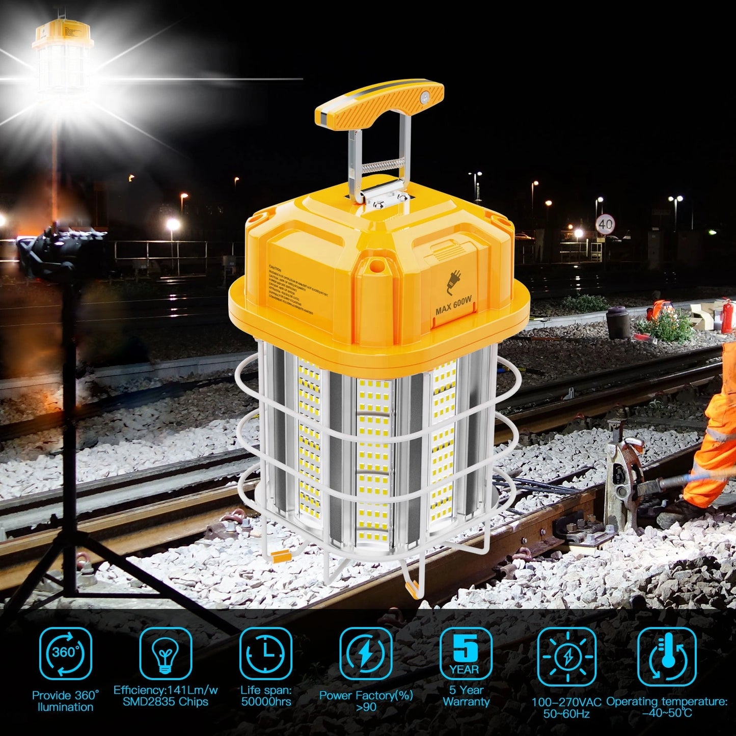 SHL 150W LED Temporary Work Light – 21,750 Lumens | 5000K | 10ft Cord | Stainless Steel Guard & Hook