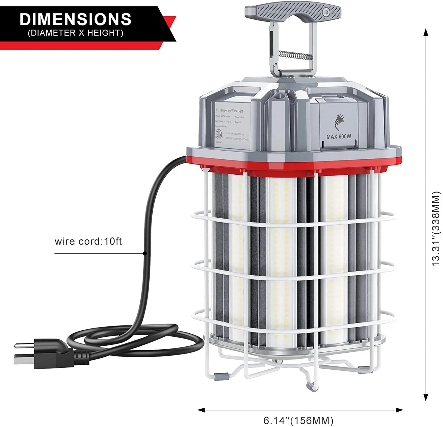 SHL 150W LED Temporary Work Light – 21,750 Lumens | 5000K | 10ft Cord | Stainless Steel Guard & Hook