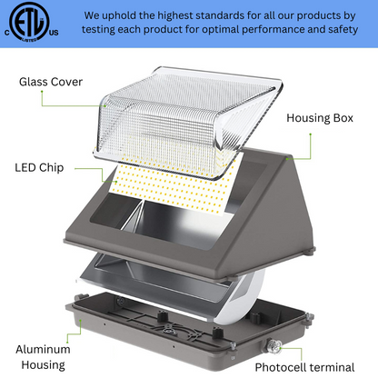 SHL 120W LED Wall Pack Light With Photocell 120-277V 5000K 15600LM IP65 Wallpack Glass Cover