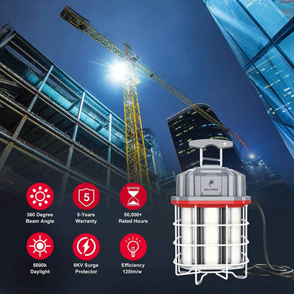 SHL 80W LED Temporary Work Light – 11,600 Lumens | 5000K | 10ft Cord | Stainless Steel Guard & Hook