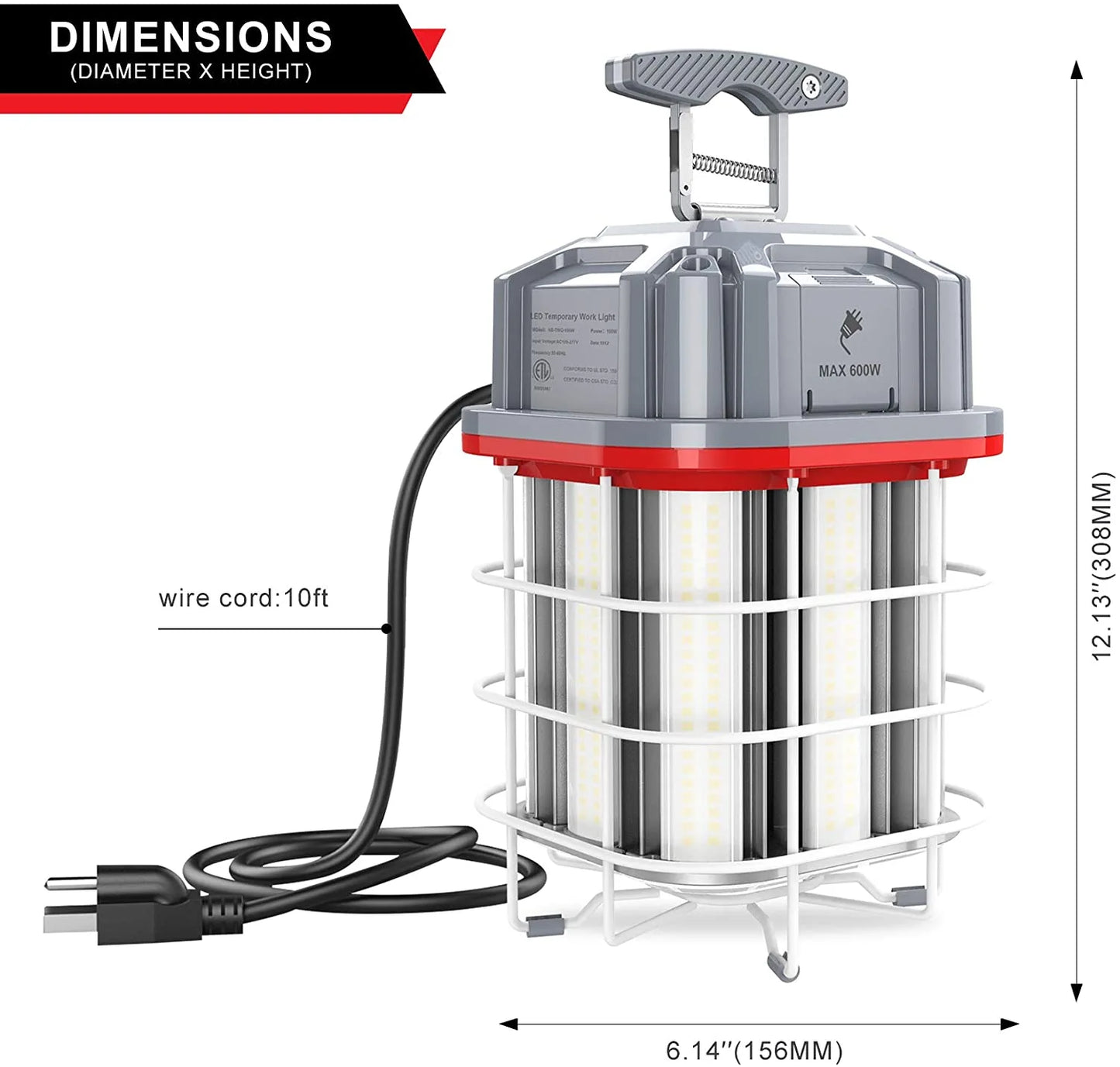 SHL 80W LED Temporary Work Light – 11,600 Lumens | 5000K | 10ft Cord | Stainless Steel Guard & Hook