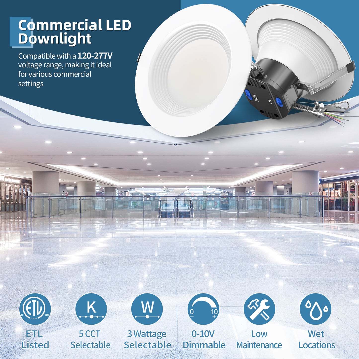 SHL 4 Pack 8' Inch Recessed LED Commercial Downlight Wattage Adjustable 36W/27W/18W 5CCT TUNABLE Max 5000K 120-347VAC 0-10V Dimmable LED Fixture