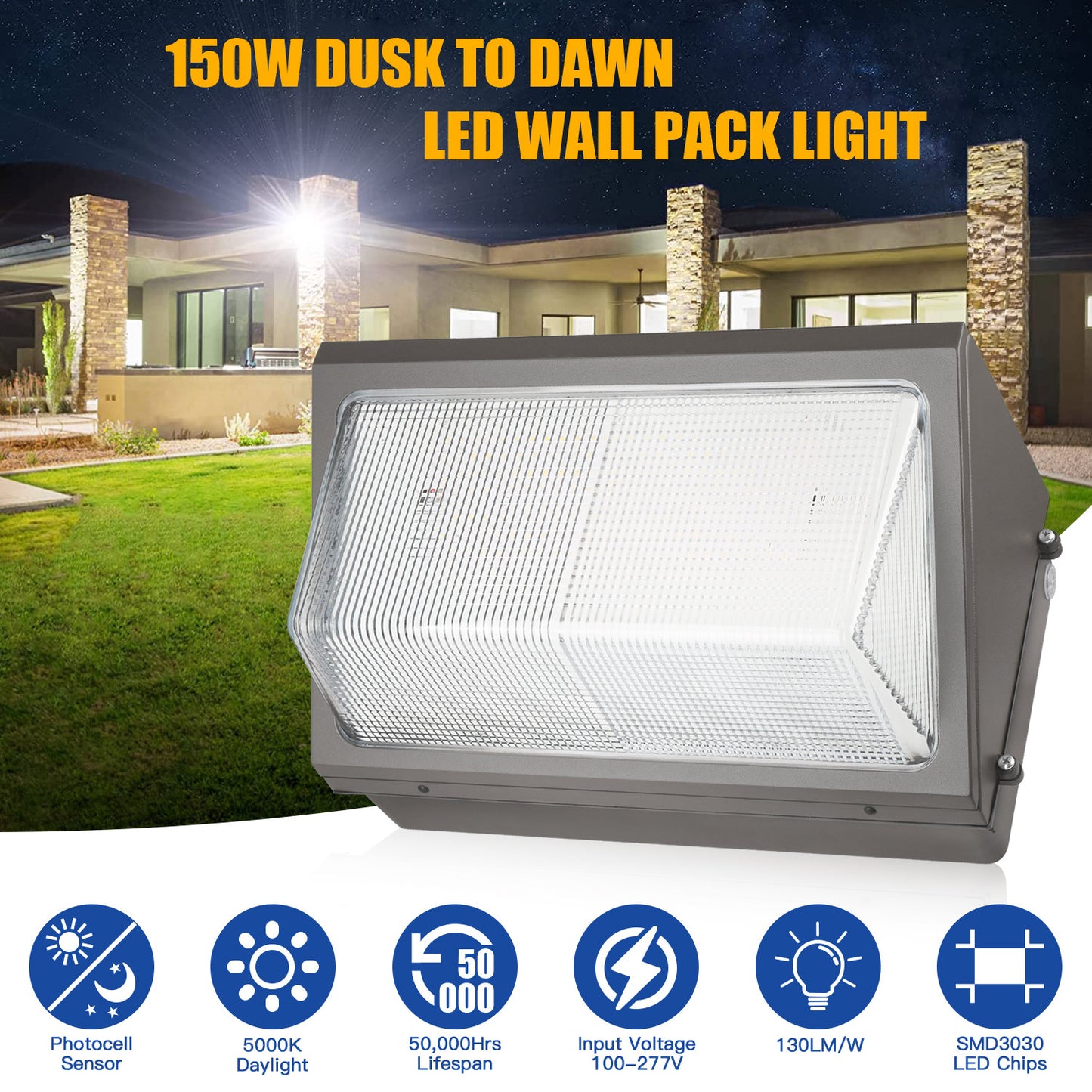 SHL 150W LED Wall Pack Light With Photocell 120-277V 5000K 15600LM IP65 Wallpack Glass Cover