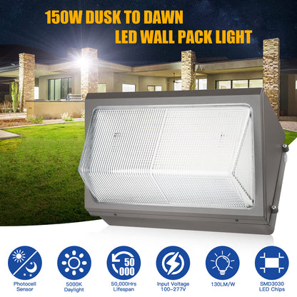 SHL 150W LED Wall Pack Light With Photocell 120-277V 5000K 15600LM IP65 Wallpack Glass Cover