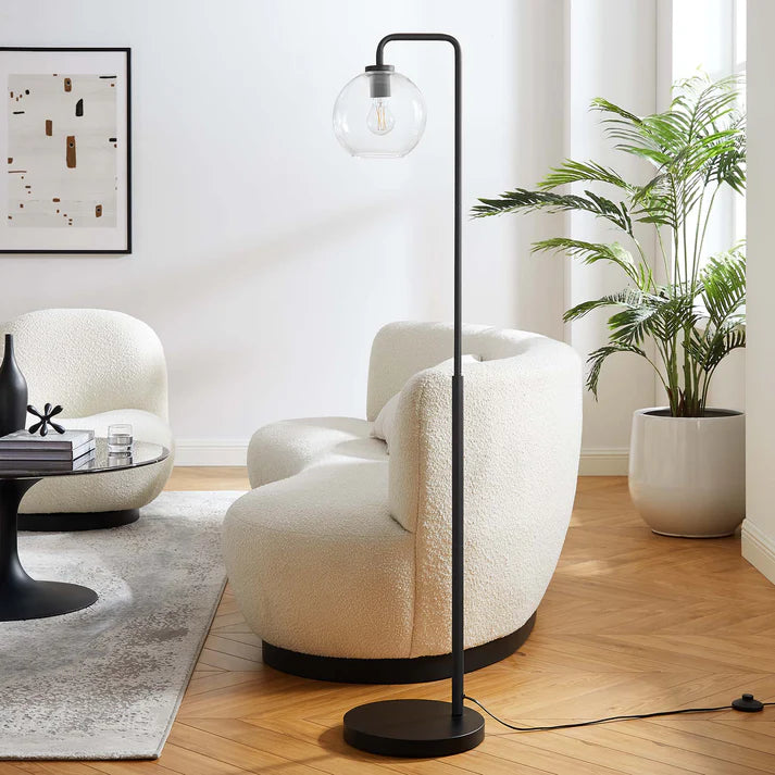 Silo Glass Globe Floor Lamp – 58" Tall – Industrial Glass and Metal Standing Lamp with Globe Shade – Black or Satin Brass – Dimmable E26 Base