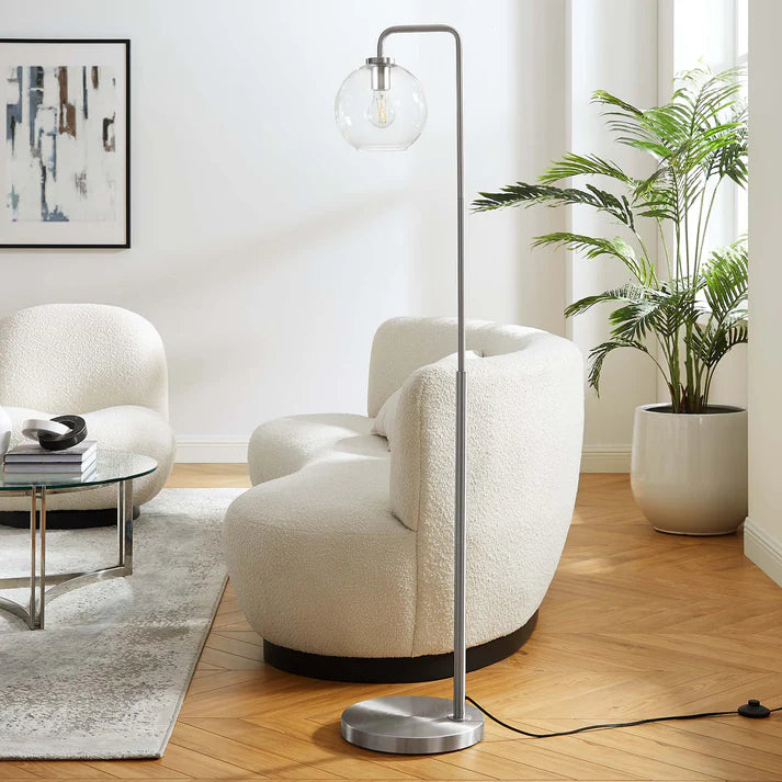 Silo Glass Globe Floor Lamp – 58" Tall – Industrial Glass and Metal Standing Lamp with Globe Shade – Black or Satin Brass – Dimmable E26 Base