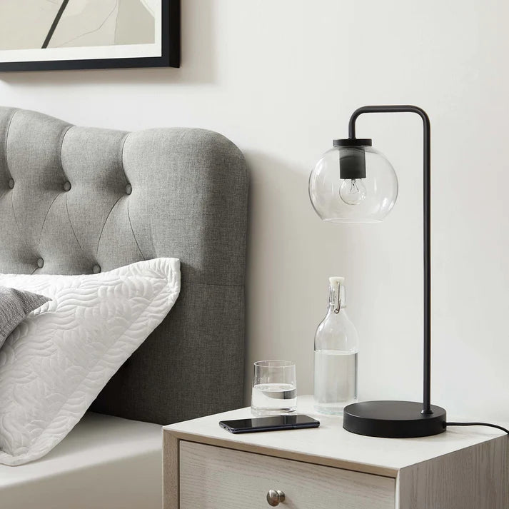 Silo Glass Globe Table Lamp – 20" Tall – Industrial Glass and Metal Desk or Bedside Lamp – Globe Shade – Black, Satin Brass, or Satin Nickel – E26 Base