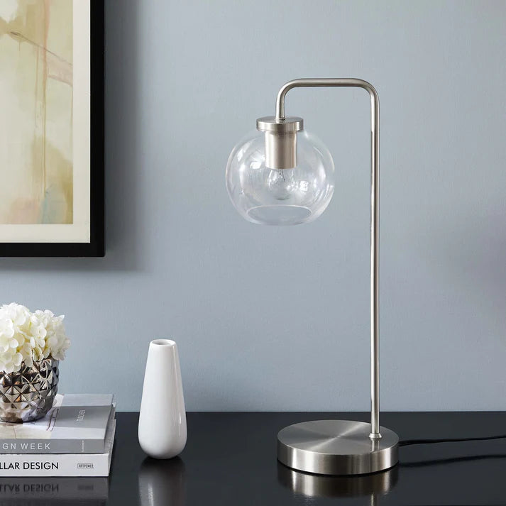 Silo Glass Globe Table Lamp – 20" Tall – Industrial Glass and Metal Desk or Bedside Lamp – Globe Shade – Black, Satin Brass, or Satin Nickel – E26 Base