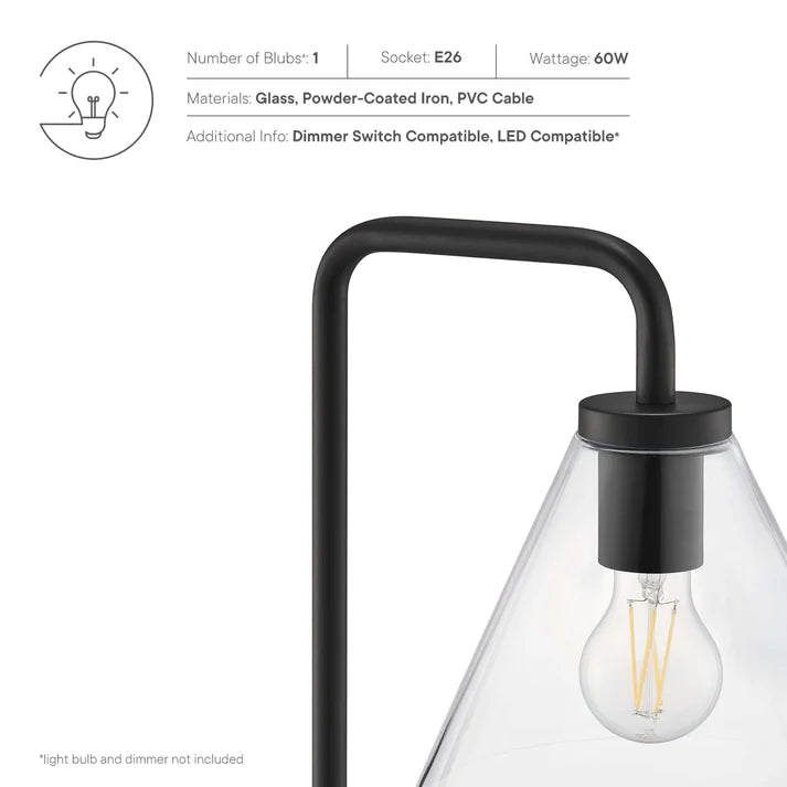 Floor Lamp – 58" Tall – Glass and Metal Standing Lamp with Transparent Cone Shade – Dimmable E26 Base – Mid-Century Modern Style – Black, Satin Brass, or Satin Nickel