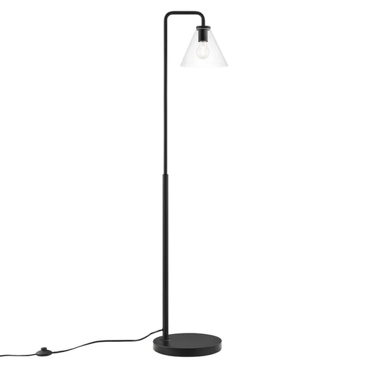 Floor Lamp – 58" Tall – Glass and Metal Standing Lamp with Transparent Cone Shade – Dimmable E26 Base – Mid-Century Modern Style – Black, Satin Brass, or Satin Nickel