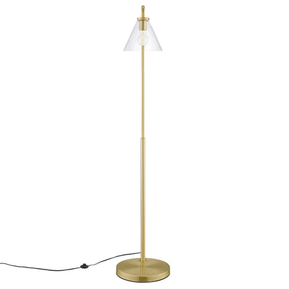 Floor Lamp – 58" Tall – Glass and Metal Standing Lamp with Transparent Cone Shade – Dimmable E26 Base – Mid-Century Modern Style – Black, Satin Brass, or Satin Nickel