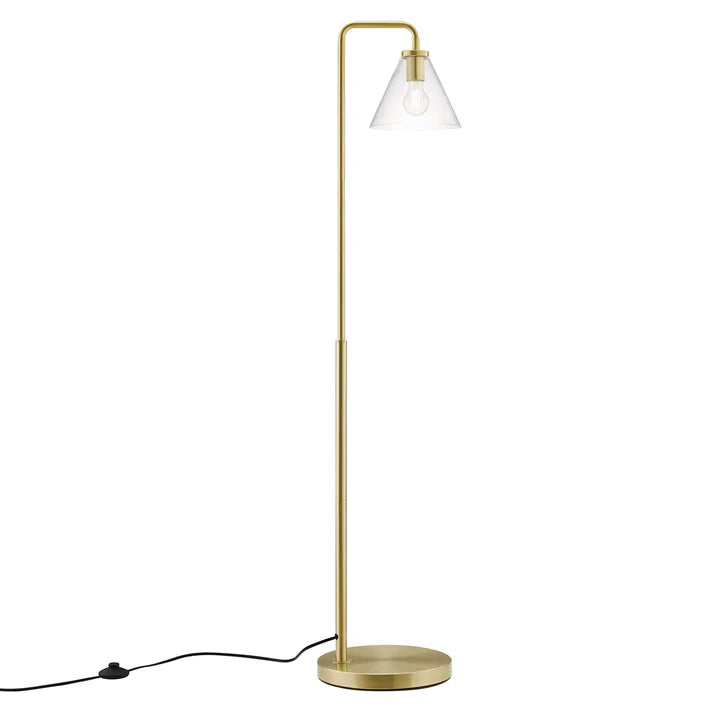 Floor Lamp – 58" Tall – Glass and Metal Standing Lamp with Transparent Cone Shade – Dimmable E26 Base – Mid-Century Modern Style – Black, Satin Brass, or Satin Nickel