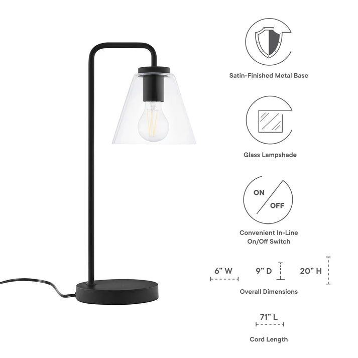 Glass Table Lamp – 20" Tall – Mid-Century Modern Desk & Side Table Lamp – Transparent Glass Shade – Black, Satin Brass, or Satin Nickel – Dimmable – E26 Base