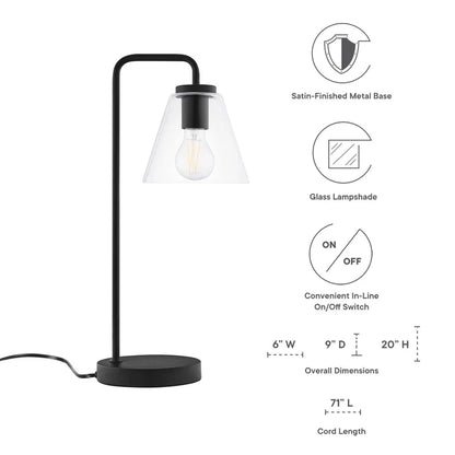 Glass Table Lamp – 20" Tall – Mid-Century Modern Desk & Side Table Lamp – Transparent Glass Shade – Black, Satin Brass, or Satin Nickel – Dimmable – E26 Base