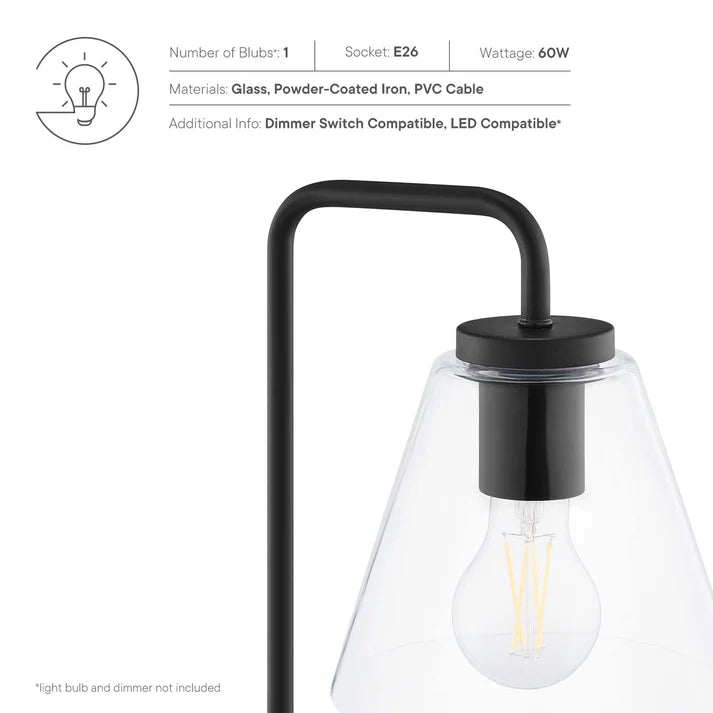 Glass Table Lamp – 20" Tall – Mid-Century Modern Desk & Side Table Lamp – Transparent Glass Shade – Black, Satin Brass, or Satin Nickel – Dimmable – E26 Base