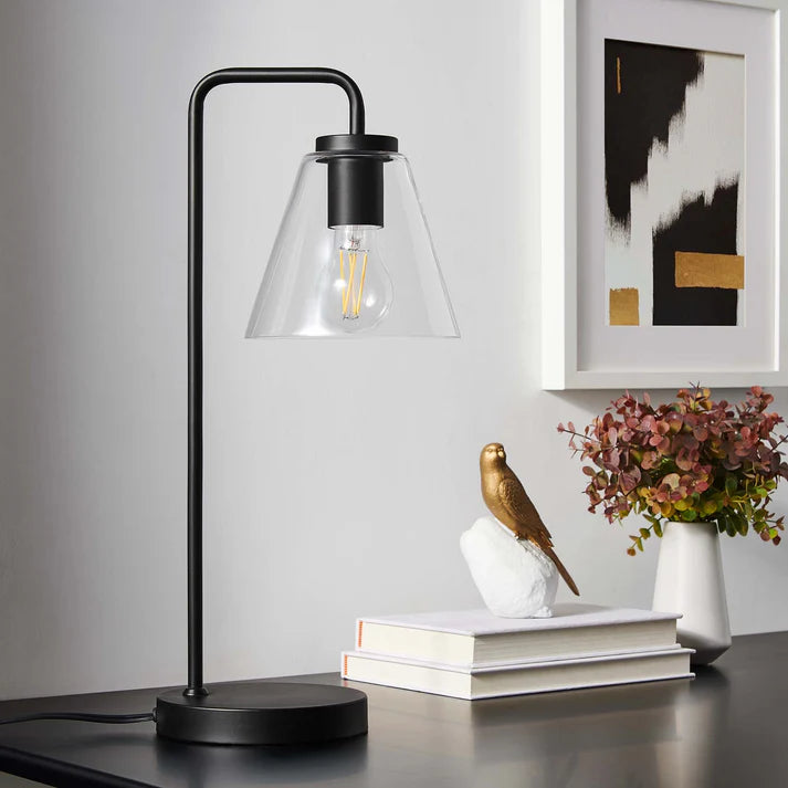 Glass Table Lamp – 20" Tall – Mid-Century Modern Desk & Side Table Lamp – Transparent Glass Shade – Black, Satin Brass, or Satin Nickel – Dimmable – E26 Base