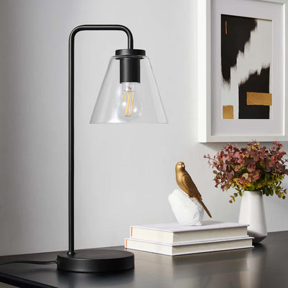 Glass Table Lamp – 20" Tall – Mid-Century Modern Desk & Side Table Lamp – Transparent Glass Shade – Black, Satin Brass, or Satin Nickel – Dimmable – E26 Base