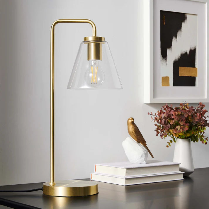 Glass Table Lamp – 20" Tall – Mid-Century Modern Desk & Side Table Lamp – Transparent Glass Shade – Black, Satin Brass, or Satin Nickel – Dimmable – E26 Base