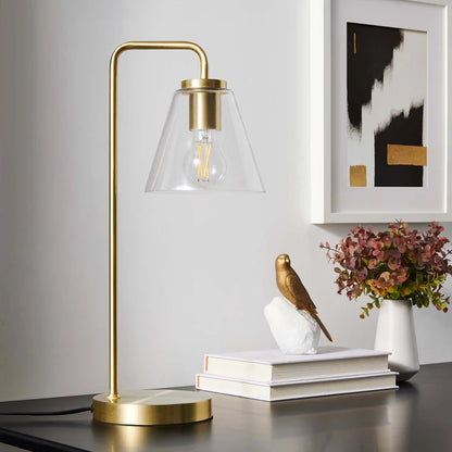 Glass Table Lamp – 20" Tall – Mid-Century Modern Desk & Side Table Lamp – Transparent Glass Shade – Black, Satin Brass, or Satin Nickel – Dimmable – E26 Base