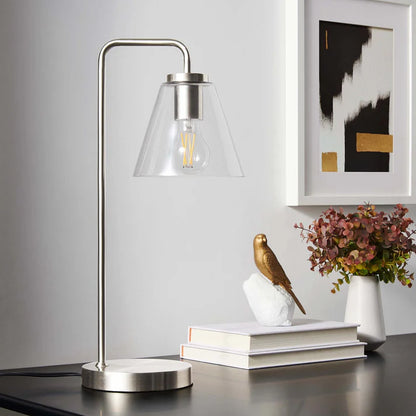 Glass Table Lamp – 20" Tall – Mid-Century Modern Desk & Side Table Lamp – Transparent Glass Shade – Black, Satin Brass, or Satin Nickel – Dimmable – E26 Base