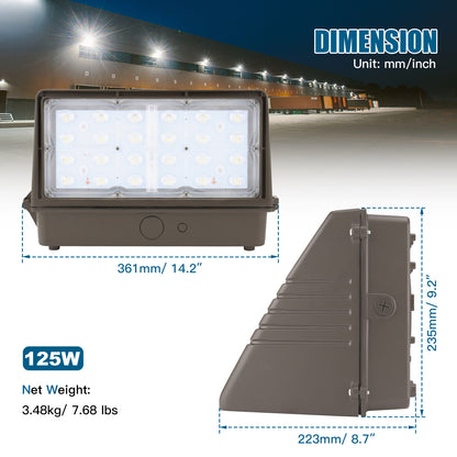 SHL 125W LED Full Cutoff Wall Pack Light With Photocell 120-277V 4Power 3CCT Tunable 18000LM IP65 Wallpack Glass Cover