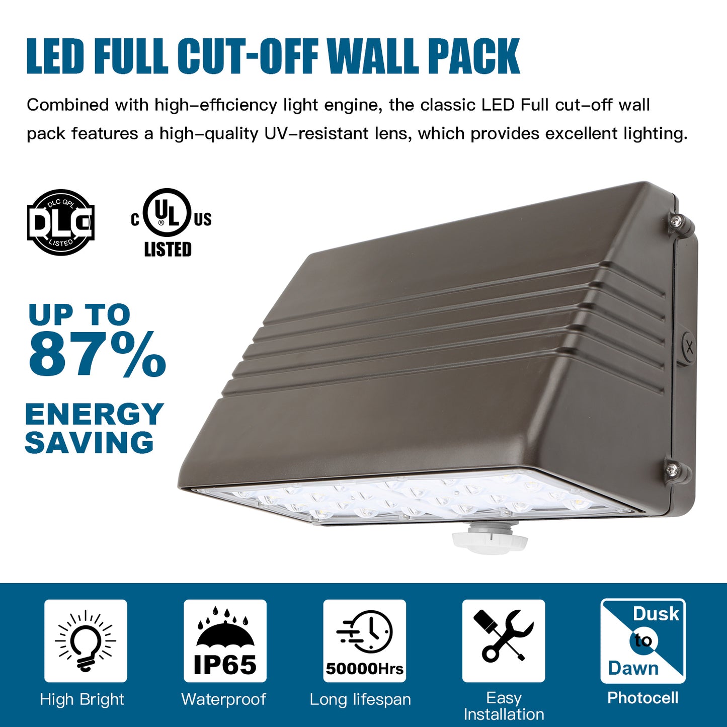SHL 70W LED Full Cutoff Wall Pack Light With Photocell 120-277V 4Power 3CCT Tunable 10200LM IP65 Wallpack Glass Cover