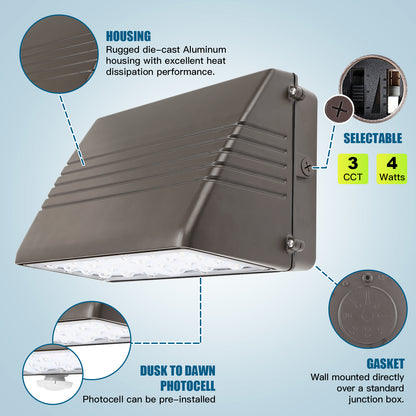 SHL 125W LED Full Cutoff Wall Pack Light With Photocell 120-277V 4Power 3CCT Tunable 18000LM IP65 Wallpack Glass Cover