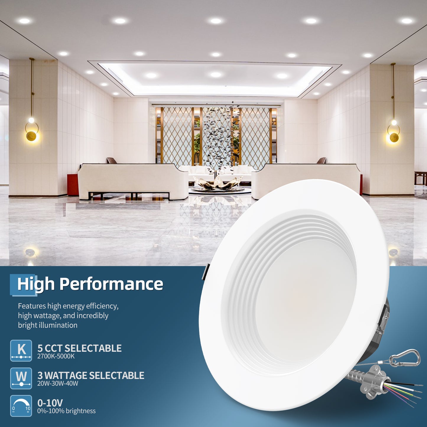 SHL 4 Pack 10' Inch Recessed LED Commercial Downlight Wattage Adjustable 40W/30W/20W 5CCT TUNABLE Max 5000K 120-347VAC 0-10V Dimmable LED Fixture