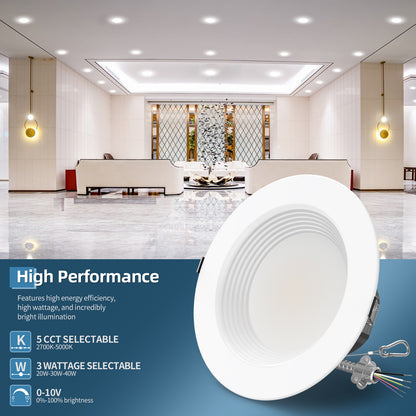 SHL 4 Pack 10' Inch Recessed LED Commercial Downlight Wattage Adjustable 40W/30W/20W 5CCT TUNABLE Max 5000K 120-347VAC 0-10V Dimmable LED Fixture