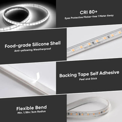 110V COB LED Strip Light – Driverless, 16FT – 6000K Cool White – 244LM/FT – IP65 Water-Resistant – Flicker-Free, Cuttable, ETL Listed – Outdoor & Indoor Tape Lighting