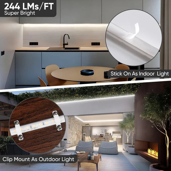 110V COB LED Strip Light – Driverless, 16FT – 6000K Cool White – 244LM/FT – IP65 Water-Resistant – Flicker-Free, Cuttable, ETL Listed – Outdoor & Indoor Tape Lighting