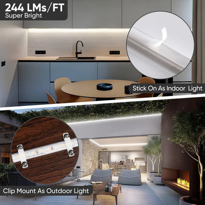 110V COB LED Strip Light – Driverless, 16FT – 6000K Cool White – 244LM/FT – IP65 Water-Resistant – Flicker-Free, Cuttable, ETL Listed – Outdoor & Indoor Tape Lighting