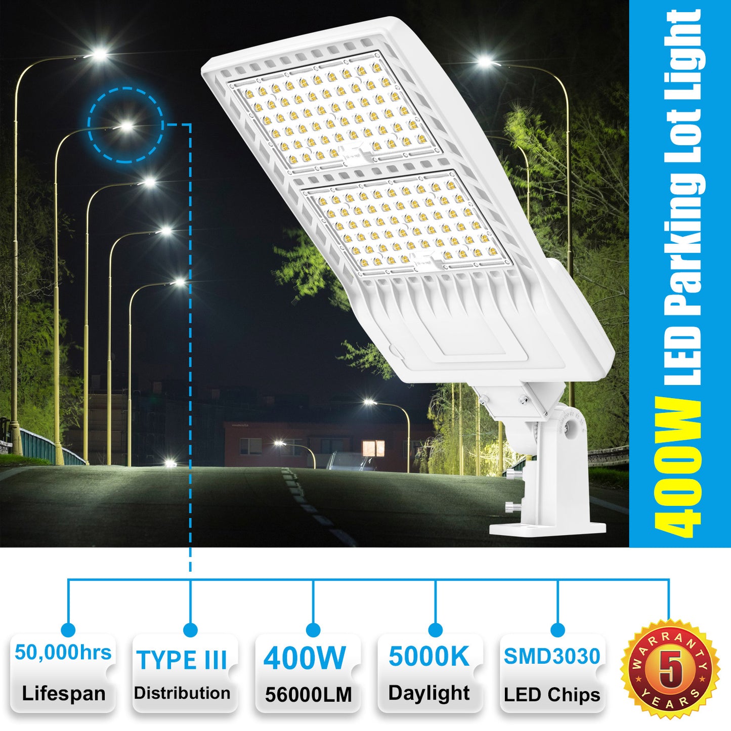 Pro Series A 400W LED Parking Lot Light 56000LM UL DLC 5000K IP65 Outdoor Commercial Street Light