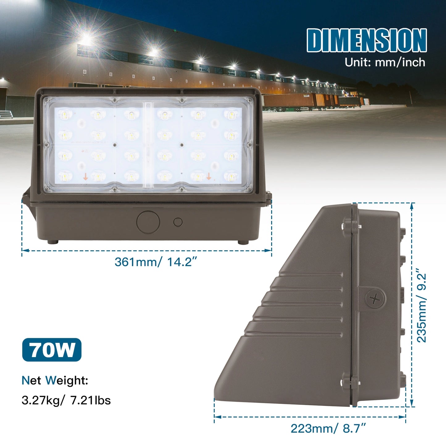 SHL 70W LED Full Cutoff Wall Pack Light With Photocell 120-277V 4Power 3CCT Tunable 10200LM IP65 Wallpack Glass Cover