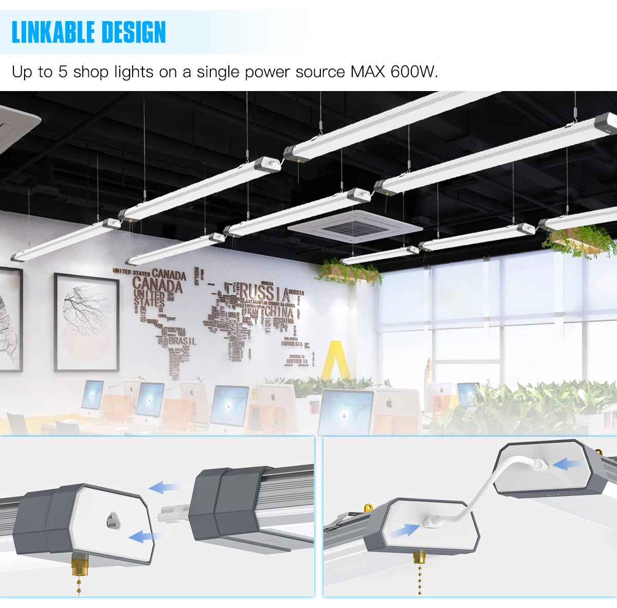 SHL 120W Linkable LED Shop Light 4FT 16800LM 5000K With Plug 120V±10% ON/Off Pull Chain Suspended & Flush Mount
