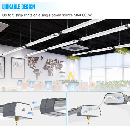 SHL 120W Linkable LED Shop Light 4FT 16800LM 5000K With Plug 120V±10% ON/Off Pull Chain Suspended & Flush Mount