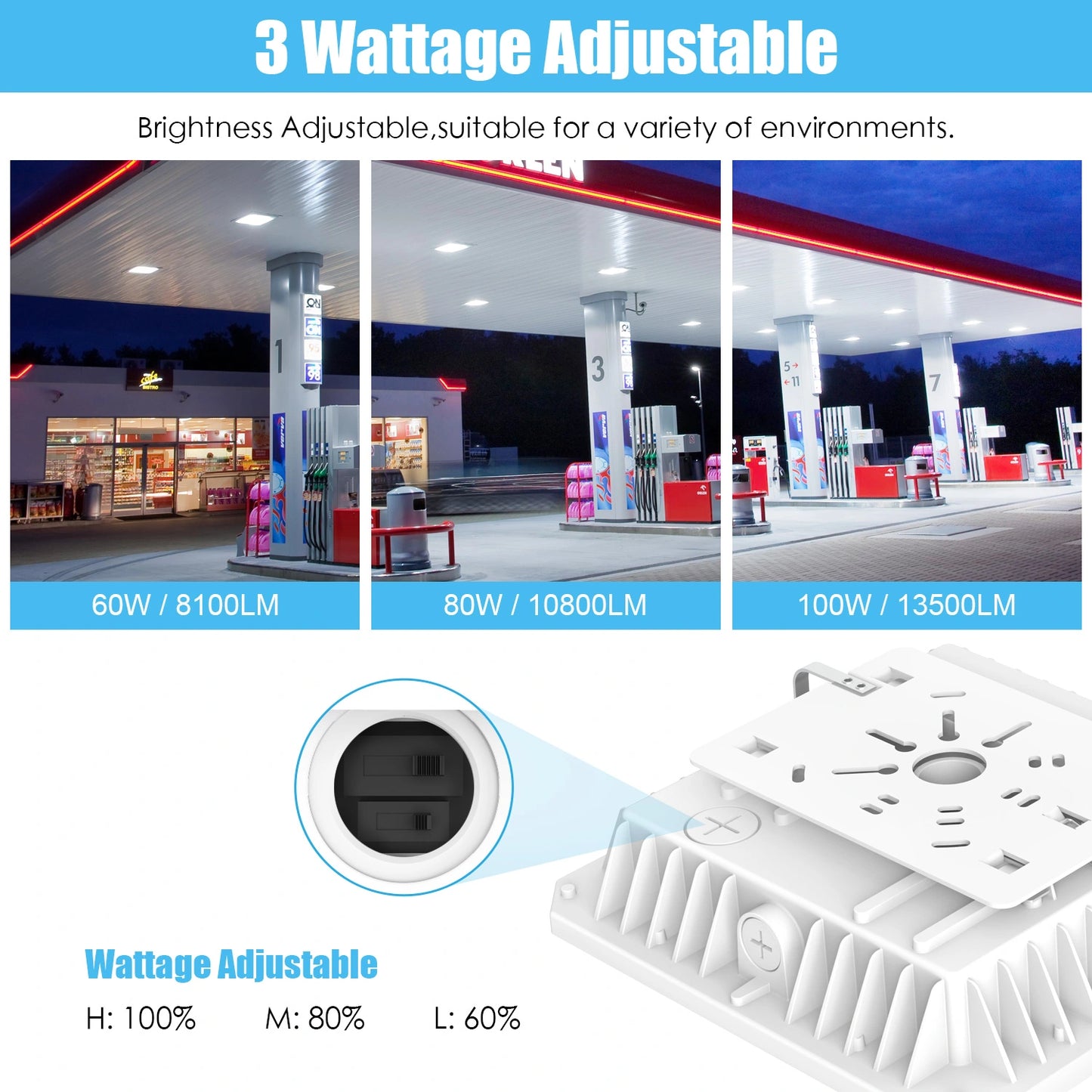 SHL 100W LED Canopy Light ETL DLC Certified CCT Wattage Adjustable IP65