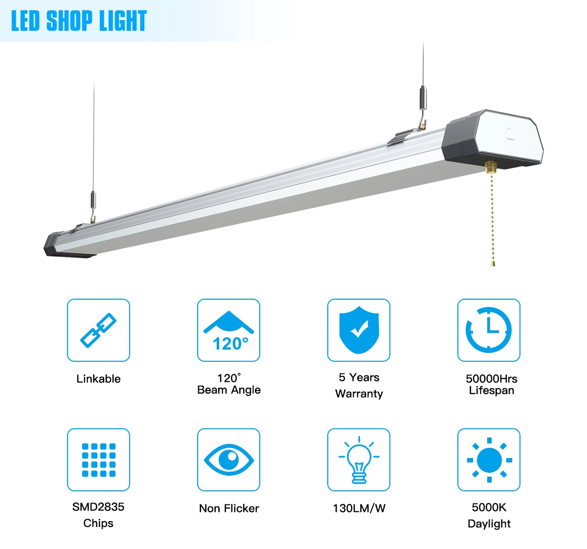 SHL 120W Linkable LED Shop Light 4FT 16800LM 5000K With Plug 120V±10% ON/Off Pull Chain Suspended & Flush Mount